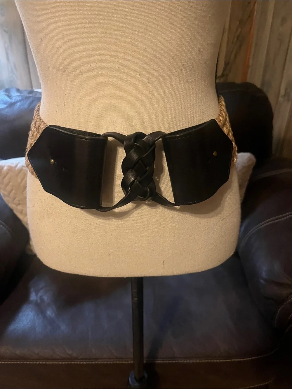 Woven Wide Rope and Black Leather Knot Waist Belt Boho Festival Braided Western